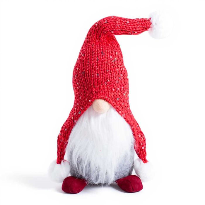 Decoratiune craciun gnom cu palarie si barba lunga 30 cm rosu-gri