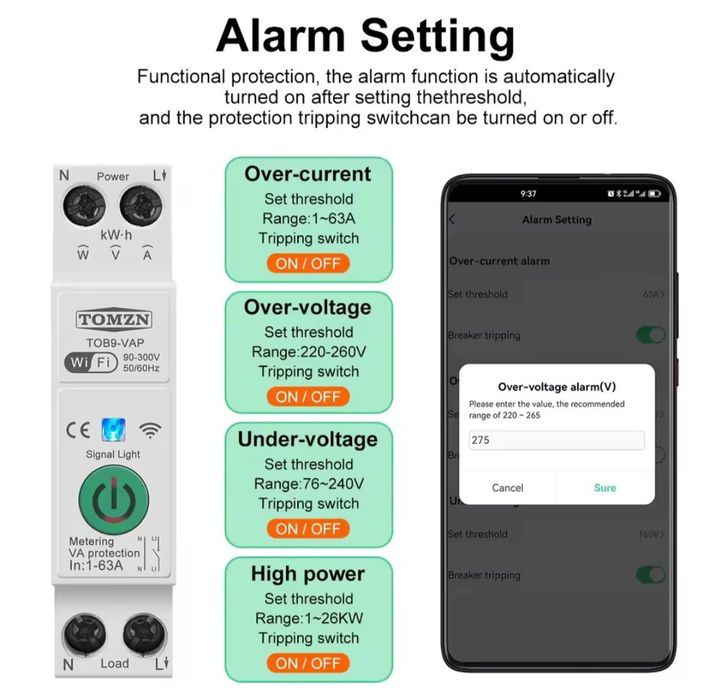 Releu Protecție Tensiune și Curent TOMZN TOB9-VAP, WiFi, 63A