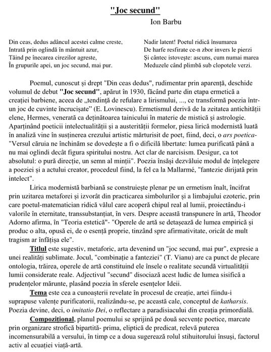 Comentarii Limba si Literatura Romana Bacalaureat- Nota 10