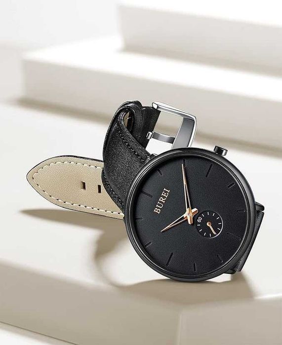 Мъжки минималистичен часовник черен циферблат розово злато