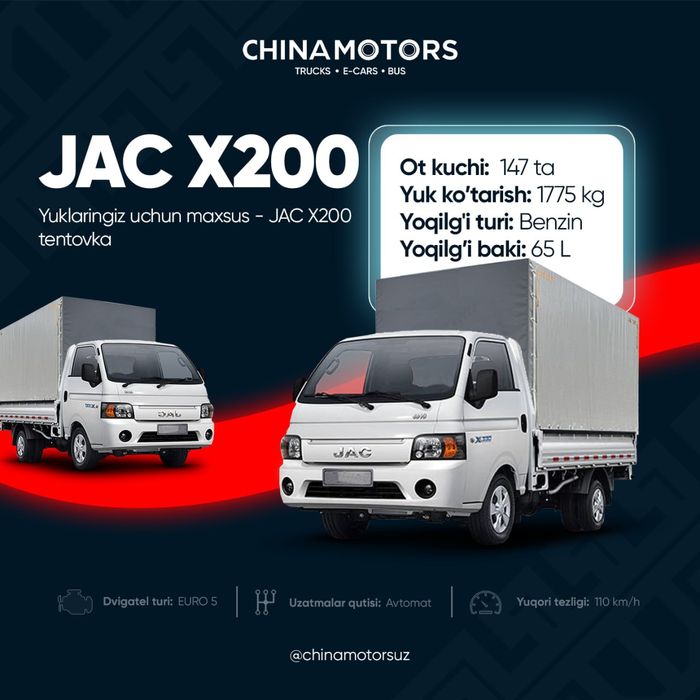 JAC, Kia bongo, hyunday porter, changan porter o'rniga Jac X200