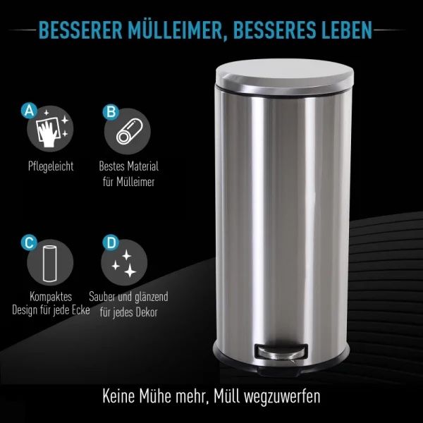 Кошче за боклук HOMCOM 30L с педал Ø29.2 x 62.5 см