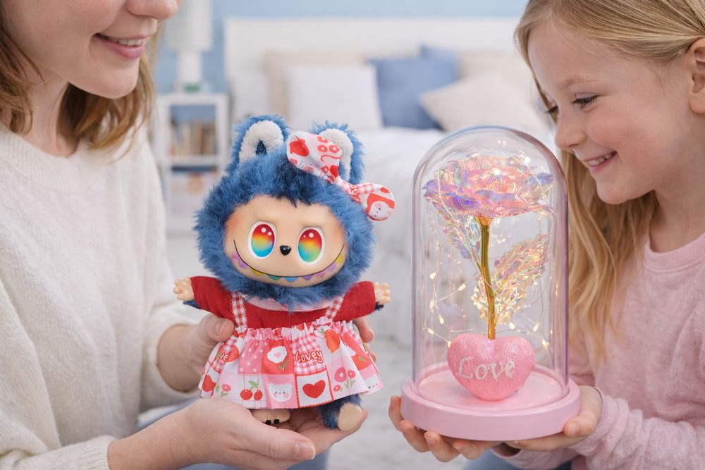 Cadou Valentines Jucarie de plus tip Labubu si aranjament floral