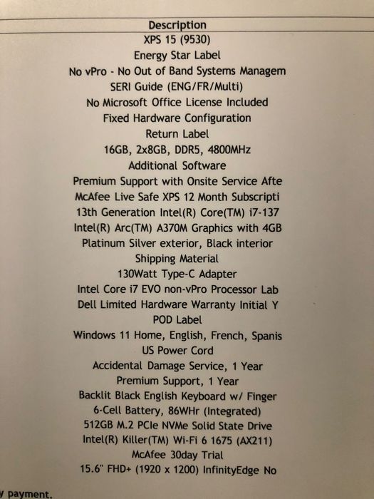 Dell XPS 15 9530, 16GB 2x8GB DDR5 4800MHz, 512GB M.2 Drive, 15.5” FHD+