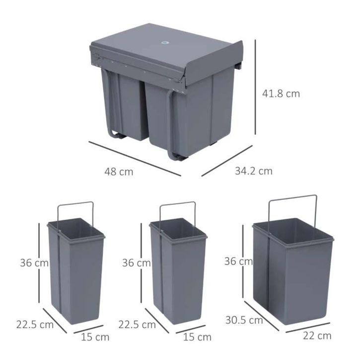 Кош за вграждане с 3 отделения за сортиране на кухненски отпадъци 40 л