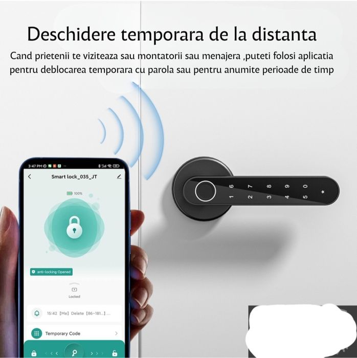 Maner smart cu amprenta, cod PIN, bluetooth și cheie, universal