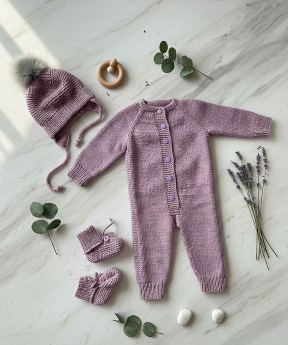 Вязаный комплект для малыша (комбинезон + шапочка + пинетки)