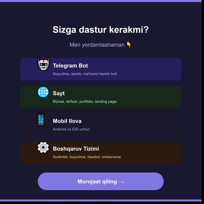 Telegram bot | Web sayt | Mobil ilova | AI  yechimlar yaratish