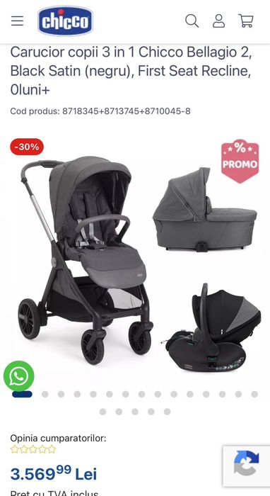 Cărucior 3 în 1 Chicco Bellagio 2 Black Satin + bază ISOFIX – ca nou, 10/10