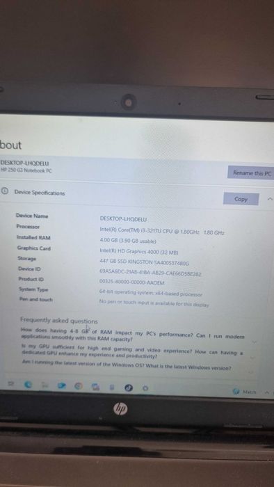 HP 250 G3, Intel i3-3217U - SSD 500 GB