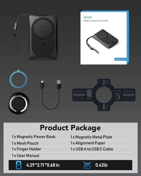 Безжично преносимо зарядно устройство VRURC за iPhone, 10000 mAh