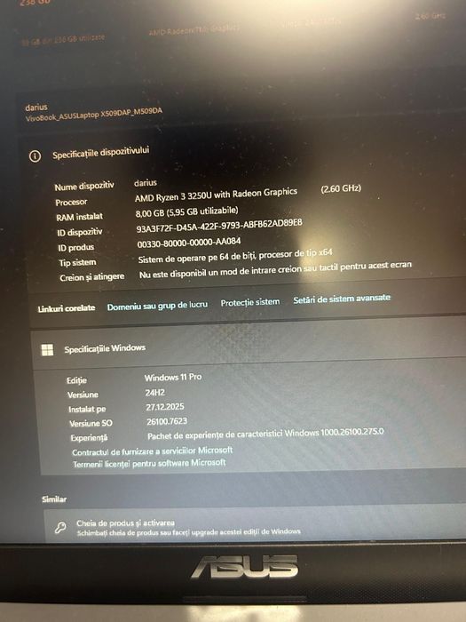 Laptop ASUS Ryzen 5 / 8GB RAM / SSD 256GB / Windows 10 Pro