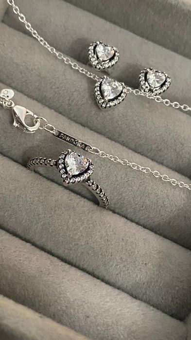 Oferta limitată! Set Complet Argint PANDORA  – Inel mărimea 54, Cercei și Lanț cu Inimă