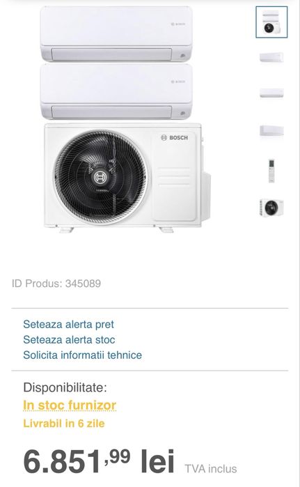 Climă/ Aer condiționat BOSCH Climate6000i cu două unități 1x 12.000 BTU și 1x 9.000 BTU.