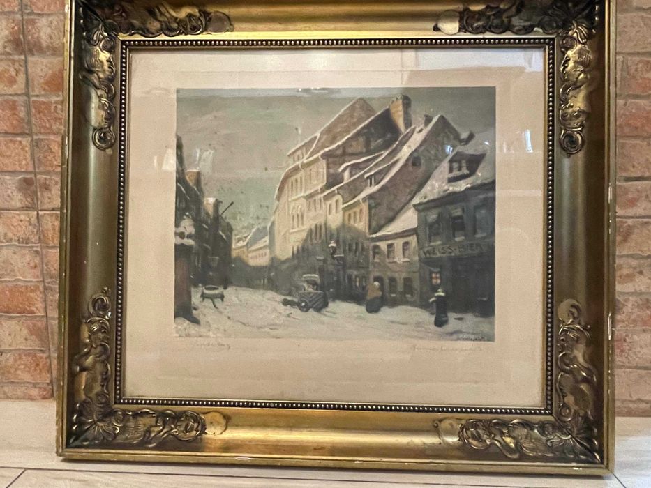 Tablou Bruno Bielefeldt, Scena urbana de iarna, tehnica mixta, semnat