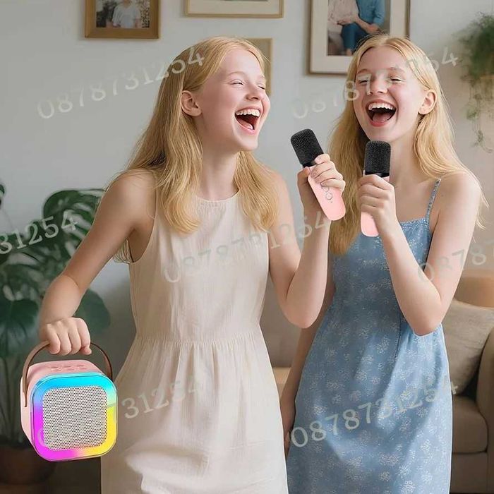 Детска Преносима Блутуут Караоке Тонколона с Два Безжични Микрофона