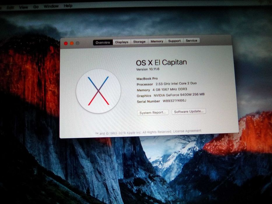 MacBook Pro(13.3-inch) /Intel Core 2 Duo ,2.53GHz/SSD 120 GB/4gb RAM/El Capitan