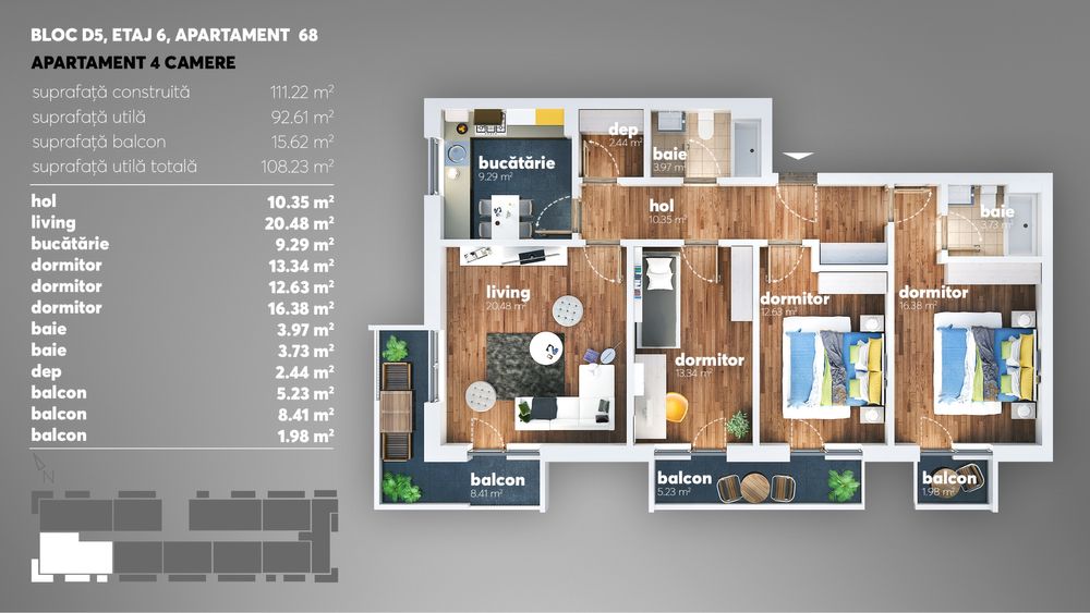 Apartament 4 camere decomandat