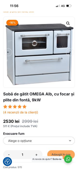vand soba de gatit Omega alb,cu focar si plita din fonta,9kw.