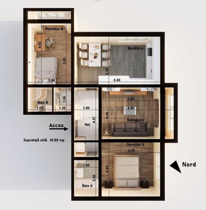 Apartament 3 camere - ETAJ 1 - ZonadeSus - loc parcare-izolat-centrala