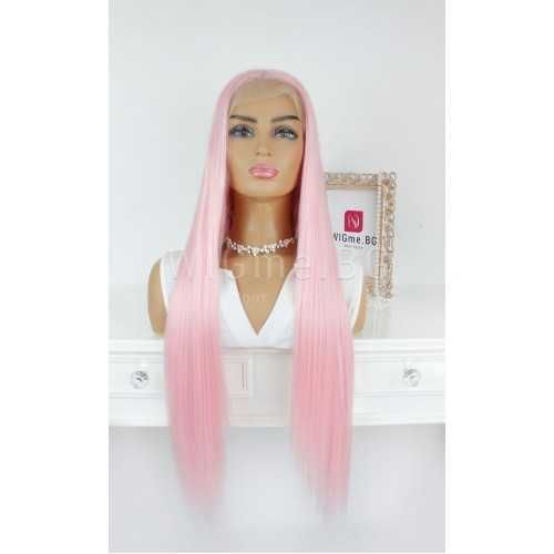 Дълга права розова лейс фронт перука Роузи