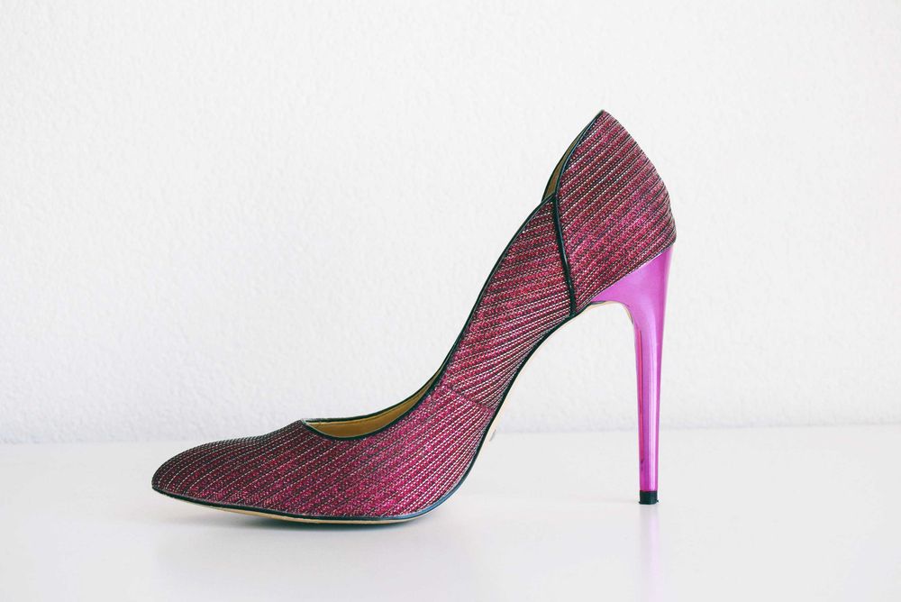 Buffalo London, Pink Glitter, Leather Court Shoes Pointed Toe Stiletto Heels