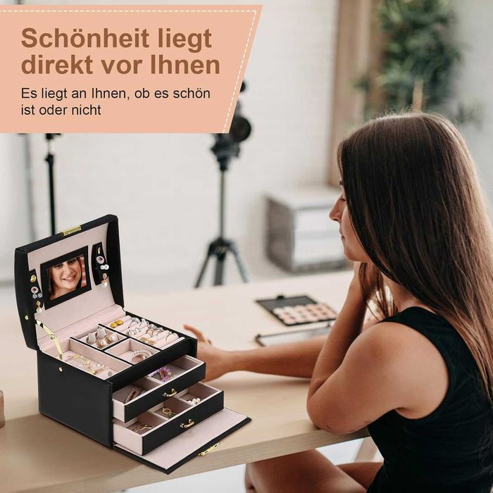 Cutie de bijuterii cu 20 compartimente incuietoare cu cheie si oglinda