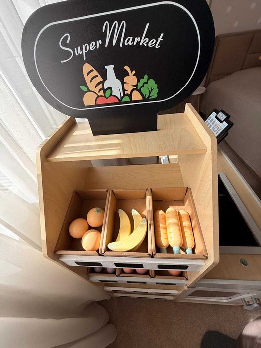 Piață de legume din lemn - tarabă mare XXL, magazin cu casă de marcat de joacă