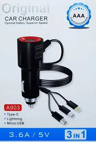 Зарядно №3398 за кола 3 в 1 зарядно тип C Lightning Micro USB