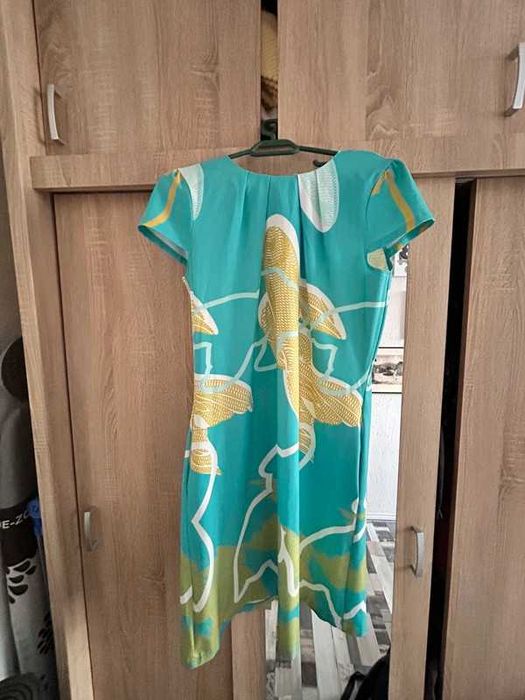 Rochie versatilă bleu cu imprimeu artistic cu buzunare office-marime L