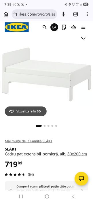 Pat extensibil Slakt Ikea cu somiera si saltea