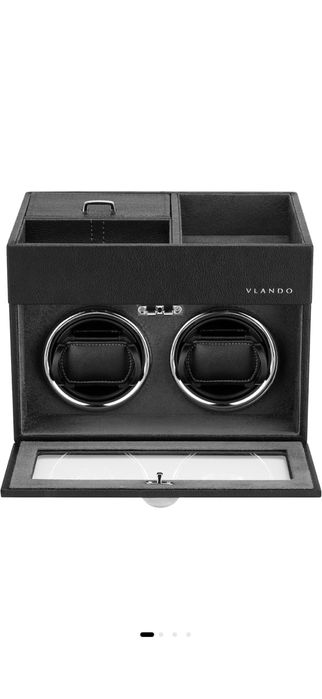 Cutie automată (watch winder) Vlando pentru 2 ceasuri – piele neagră, elegantă