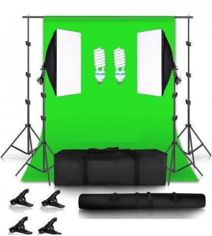 Kit foto 2 softbox,suport fundal 2x2 m,panza fundal verde+2x bec 150W