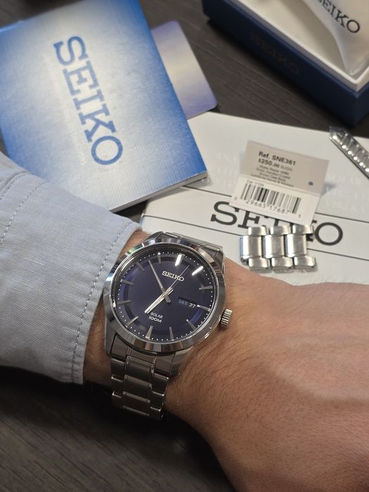 Seiko SNE361 Solar – ceas bărbătesc, set complet cu cutie originală și etichetă de preț