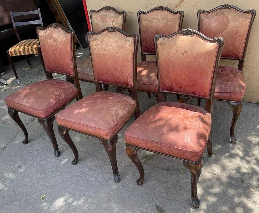 6 Buc Scaun Vintage cu ornamente sculptate; Scaun tapitat