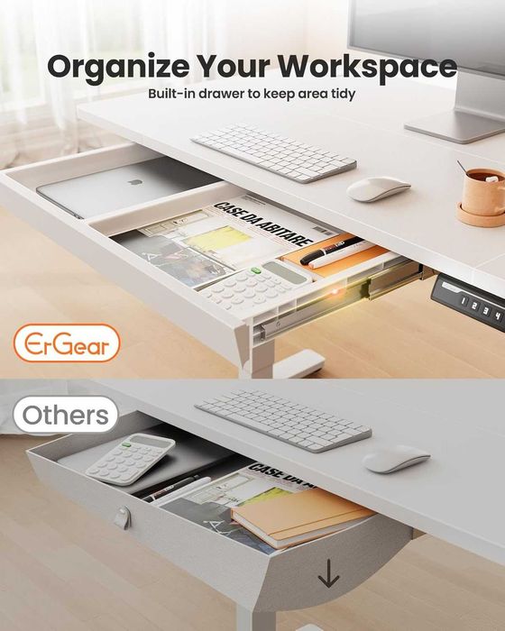 Birou electric reglabil 120x60 cm cu sertar – standing desk, memorie, alb - LIVRARE GRATUITA !!!