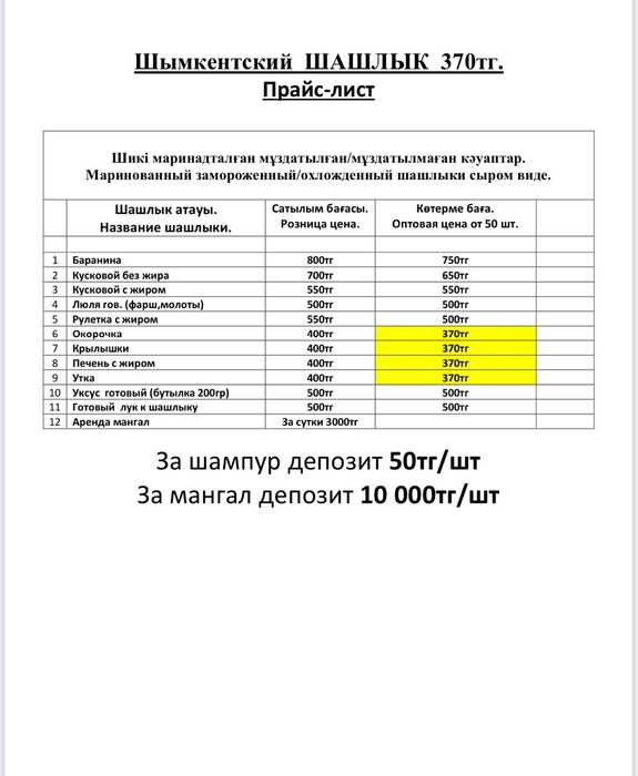Маринад от 370тг Шашлыки по Шымкентский