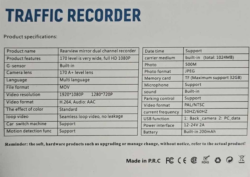 Camera de Bord Auto Tripla WiFi, Full HD, Unghi 170°, Gri