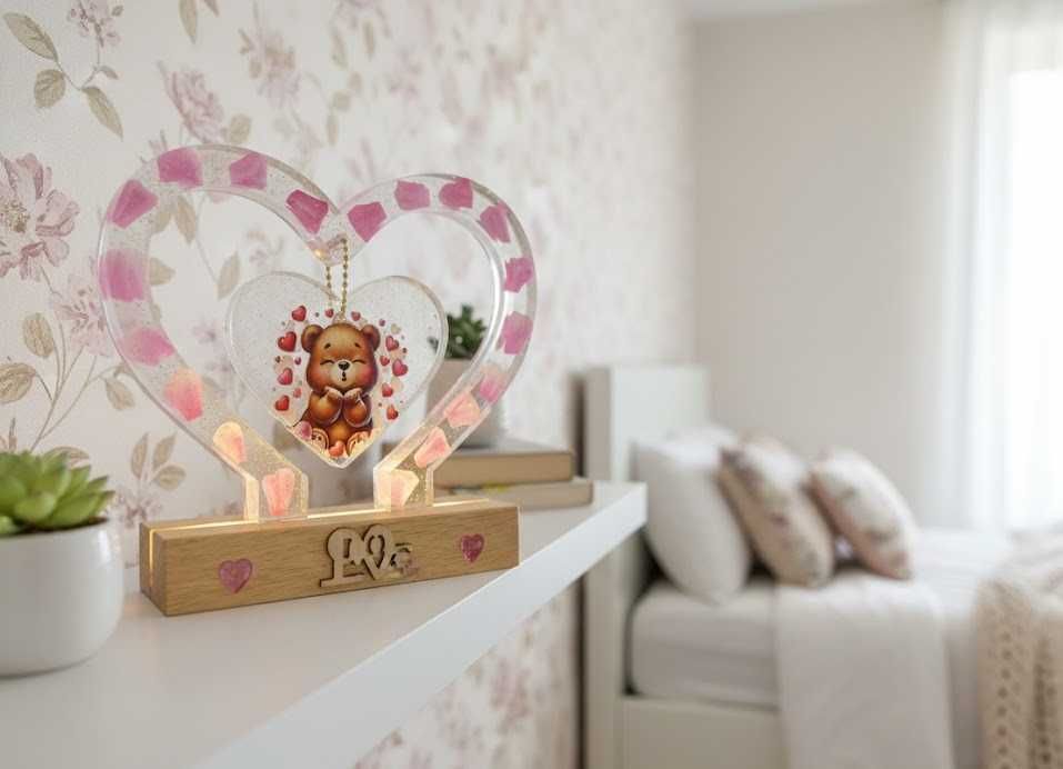 Уникално светещо мече от епоксидна смола с LED основа