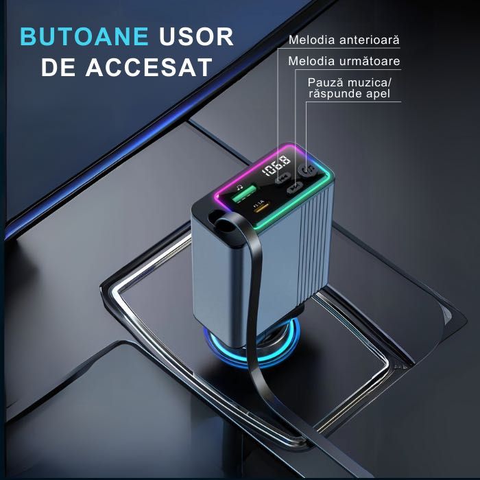 Modulator FM NETSTAT® Bricheta BT 5.3 QC3.0+PD30W Cablu Retractabil