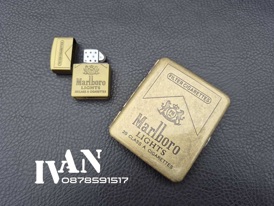Табакера от месинг и газова запалка  комплект  Marlboro