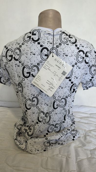 Tricou Gucci, nou, alb, eticheta Farfetch, logo negru, unisex, S-XXL