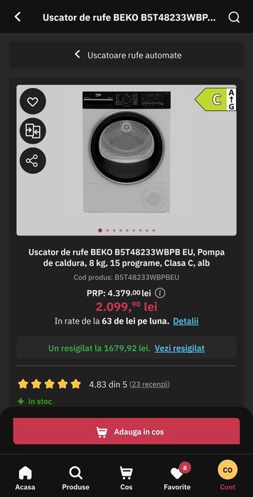 Uscator de rufe BEKO B5T48233WBPB EU, Pompa de caldura, 8 kg, 15 programe, Clasa C, alb