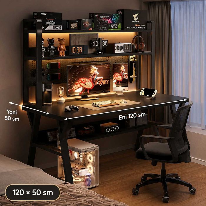 Gaming stol LED polkali kompyuter uchun 100/120/140x50 sm qora versiya