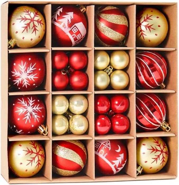 Комплект от 44 броя топки за елха с различни размери, червено и златно
