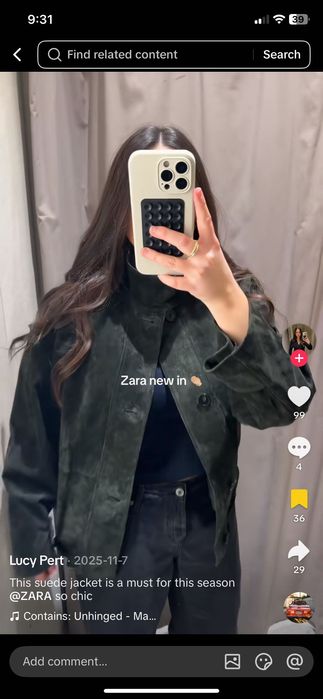 Тъмно зелено яке Zara, естествен велур . Овърсайз модел