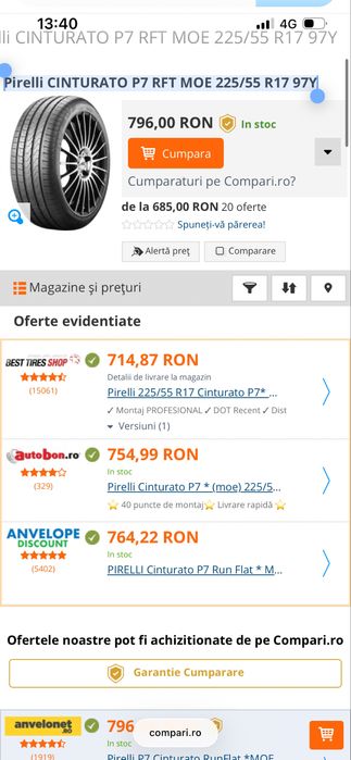 Anvelope Bmw Seria 5 G30 F10 vara RFT  225 55 17  ca noi;