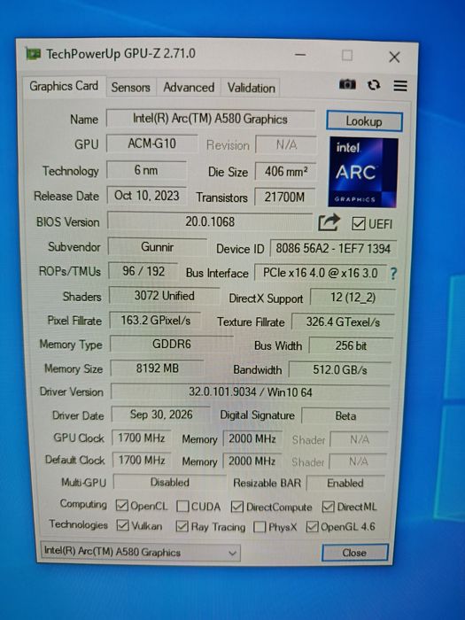 GUNNIR Intel Arc A580 Index 8GB