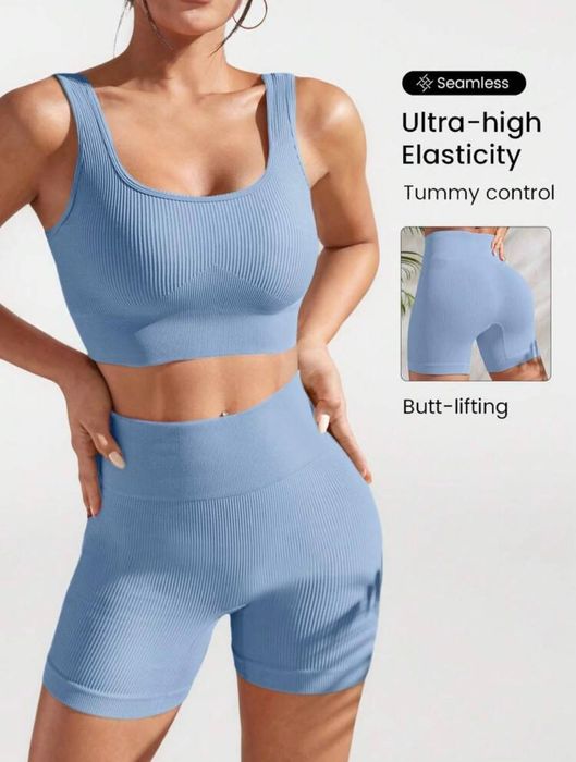 SHEIN Seamluxe нов безшевен рипс сет в синьо размер С