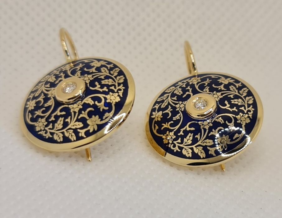 Cercei aur 14k email albastru regal și diamante naturale